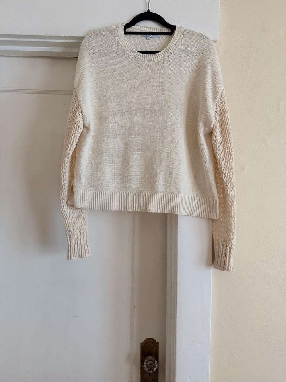 Lela Rose Cream Crewneck Sweater with Textured Sleeves